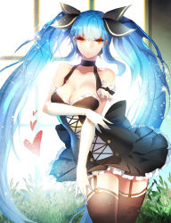 Rule 34 | 1girl, bare shoulders, bettols, blue hair, bow, breast hold, breasts, choker, cleavage, frills, garter straps, gloves, hair ribbon, heart, highres, large breasts, leaning forward, long hair, looking at viewer, looking away, luthica preventer, orange eyes, ribbon, solo, sword girls, thighhighs, twintails, very long hair, white gloves