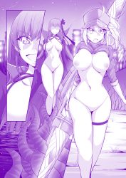 Rule 34 | 2girls, absurdres, ahoge, artoria pendragon (fate), baseball cap, bb (fate), bb (fate/extra), bb (swimsuit mooncancer) (third ascension) (fate), breasts, cape, collarbone, comic, commentary request, fate/grand order, fate (series), hair between eyes, hair ribbon, hat, highres, holding, holding weapon, lance, large breasts, long hair, looking at viewer, monochrome, multiple girls, mysterious heroine x (fate), mysterious heroine xx (fate), naked cape, navel, neck ribbon, nipples, nude, open mouth, polearm, ponytail, purple eyes, purple hair, purple theme, red ribbon, ribbon, shrug (clothing), tentacles, twinmyniad (fate), ugono takenoko, very long hair, walking, weapon