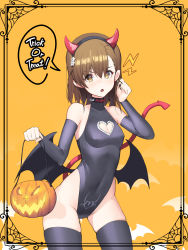 Rule 34 | 1girl, absurdres, black hairband, black leotard, black sleeves, black thighhighs, breasts, brown hair, cleavage cutout, clothing cutout, contrapposto, covered erect nipples, covered navel, cowboy shot, demon tail, demon wings, detached sleeves, fang, flower, framed, hair between eyes, hair flower, hair ornament, twirling hair, hairband, halloween, halloween bucket, halloween costume, heart cutout, highleg, highleg leotard, highres, holding, horns, leotard, long hair, long sleeves, migu (iws2525), misaka mikoto, open mouth, orange background, skin fang, skindentation, small breasts, solo, standing, tail, thighhighs, toaru kagaku no railgun, toaru majutsu no index, trick or treat, white flower, wings, yellow eyes