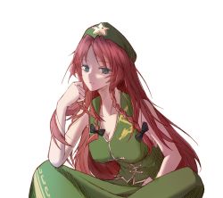 Rule 34 | 1girl, acor, bad id, bad pixiv id, bare shoulders, black bow, bow, braid, breasts, brown hair, chinese clothes, closed mouth, dress, green dress, green eyes, green hat, hair bow, hand up, hat, hat ornament, highres, hong meiling, long hair, looking at viewer, medium breasts, shaded face, simple background, sitting, sleeveless, sleeveless dress, solo, star (symbol), star hat ornament, touhou, twin braids, upper body, white background