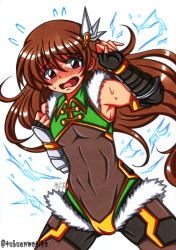 Rule 34 | 1boy, androgynous, artist request, bare shoulders, blush, bodysuit, brown hair, covered navel, electricity, embarrassed, fingerless gloves, fingernails, fur, fur trim, gloves, hair ornament, legs apart, leotard, long hair, open mouth, shiny clothes, shiny skin, simple background, skin tight, solo, sweat, taimanin (series), taimanin asagi, taimanin rpgx, trap, twitter username, uehara shikanosuke, very long hair, white background