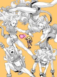 Rule 34 | 1girl, attack, ayla (chrono trigger), blonde hair, breasts, chrono trigger, cleavage, curly hair, feet out of frame, fighting stance, heart, highres, long hair, looking at viewer, monochrome, open mouth, shiomiya iruka, simple background, smile, solo, square enix