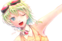 Rule 34 | 1girl, armpits, blue eyes, dutch angle, goggles, goggles on head, green hair, gumi, millipen (medium), one eye closed, open mouth, outstretched arms, portrait, red-tinted eyewear, short hair, signature, simple background, smile, solo, tesun (g noh), tinted eyewear, traditional media, vocaloid, watercolor pencil (medium), white background