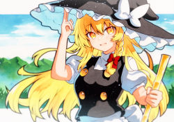 Rule 34 | 1girl, :d, apron, black hat, black vest, blonde hair, blurry, blurry background, blurry foreground, bow, braid, broom, depth of field, hat, hat bow, highres, kirisame marisa, long hair, open mouth, puffy sleeves, qqqrinkappp, short sleeves, side braid, smile, solo, touhou, vest, waist apron, white bow, witch hat, yellow eyes