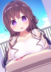 Rule 34 | 10s, 1girl, blue sky, blush, box, breast rest, breasts, brown hair, carried breast rest, carrying, chikuwa., cloud, collarbone, commentary request, day, dutch angle, half updo, halterneck, highres, holding, holding box, kyouzuka shion, large breasts, long hair, no pupils, open mouth, outdoors, purple eyes, sky, slow start, solo, upper body