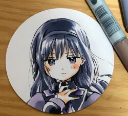 Rule 34 | 1girl, akemi homura, art tools in frame, black capelet, black hair, black hairband, black sleeves, blush stickers, border, bow, bowtie, capelet, closed mouth, commentary request, expressionless, fingernails, hairband, hand on own chest, high collar, highres, light frown, long hair, long sleeves, looking at viewer, magical girl, mahou shoujo madoka magica, mahou shoujo madoka magica (anime), marker (medium), no+bi=, photo (medium), purple bow, purple bowtie, purple capelet, purple eyes, round border, solo, traditional media, two-tone capelet, upper body