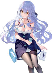 Rule 34 | 1girl, bag, bare arms, bare shoulders, blue dress, braid, breasts, brown pantyhose, can, cleavage, collarbone, commentary request, dress, feet out of frame, from above, grey hair, hair between eyes, highres, holding, holding can, long hair, looking at viewer, looking up, medium breasts, original, pantyhose, red eyes, ririko (zhuoyandesailaer), saegusa riko, shoulder bag, simple background, sitting, solo, v-shaped eyebrows, very long hair, white background