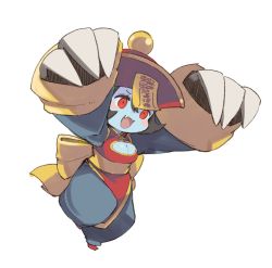 Rule 34 | 1girl, back bow, black hair, black pants, blue skin, blush stickers, bow, breasts, chibi, chinese clothes, claw (weapon), cleavage, cleavage cutout, clothing cutout, colored skin, fang, full body, hair between eyes, hands up, hat, highres, jiangshi, lei lei, long sleeves, medium breasts, mota, open mouth, pants, qingdai guanmao, red eyes, red footwear, red hat, shoes, short hair, simple background, smile, solo, standing, standing on one leg, talisman, vampire (game), weapon, white background, wide sleeves, yellow bow