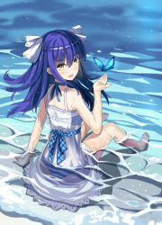Rule 34 | 1girl, absurdres, barefoot, bikini, blue hair, blush, bug, butterfly, character request, copyright request, dress, from behind, highres, insect, long hair, looking at viewer, open mouth, qihai lunpo, see-through, sitting, smile, solo, striped bikini, striped clothes, swimsuit, two side up, water, white dress, yellow eyes