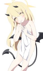 Rule 34 | 1girl, black horns, black tail, black wings, blonde hair, blue archive, blush, covering privates, demon horns, demon tail, demon wings, feet out of frame, hair between eyes, halo, highres, holding, holding towel, horns, ibuki (blue archive), long hair, looking at viewer, low wings, nude cover, petite, pointy ears, simple background, solo, tail, towel, utyuueituu, white background, wings, yellow eyes