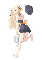 Rule 34 | 1girl, :d, abigail williams (fate), ass, bad id, bad pixiv id, bare legs, barefoot, black bow, black dress, black hat, black ribbon, blonde hair, blue eyes, blush, bow, dress, fate/grand order, fate (series), from behind, hair bow, halter dress, halterneck, hat, highres, holding, jilu, leaning forward, long hair, looking back, open mouth, orange bow, parted bangs, ribbon, running, sash, short dress, shoulder blades, simple background, smile, soles, solo, striped, two-handed, unworn hat, unworn headwear, very long hair, watering can