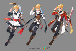 Rule 34 | 1boy, belt, black legwear, black pants, blonde hair, blue eyes, bonnet, boots, broom, brown footwear, copyright name, dirty, dirty face, grey background, unworn headwear, holding, holding knife, holding sword, holding weapon, knife, looking at viewer, maid, male focus, multiple views, official art, pants, qurare magic library, salute, sheath, soot, standing, standing on one leg, sword, thighhighs, vest, weapon, zzinp