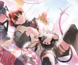 Rule 34 | 1boy, black choker, black hair, black shorts, black thighhighs, cake, choker, copyright name, creature, food, holostars, holostars english, knee up, looking at viewer, lying, machina x flayon, machina x flayon (2nd outfit), machiroon (machina x flayon), male focus, mechanical tail, mixed-language commentary, multicolored hair, official alternate costume, official art, on back, r-trus (machina x flayon), shokuen (oxstl), short hair, shorts, solo, tail, thighhighs, two-tone hair, virtual youtuber, yellow eyes