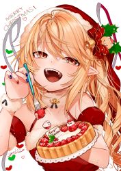 Rule 34 | 1girl, absurdres, artist name, bad id, bad twitter id, bare shoulders, bell, blonde hair, blue nails, bow, cake, dress, fangs, flandre scarlet, food, fork, fruit, fur collar, gotou (nekocat), hair bow, hat, heart, highres, long hair, looking at viewer, merry christmas, nail art, nail polish, open mouth, pointy ears, red bow, red dress, red eyes, red hat, red nails, santa costume, santa hat, simple background, smile, solo, strawberry, touhou, upper body, white background, wings