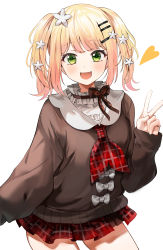 Rule 34 | 1girl, absurdres, blonde hair, blush, brown sweater, flower, gradient hair, green eyes, hair flower, hair ornament, hairclip, heart, highres, hololive, leaning forward, long sleeves, looking at viewer, miniskirt, momosuzu nene, momosuzu nene (casual), multicolored hair, neck ribbon, neckerchief, plaid, plaid neckerchief, plaid skirt, ribbon, school uniform, short twintails, simple background, skirt, smile, solo, sweater, twintails, v, virtual youtuber, white background, yuki (asayuki101)