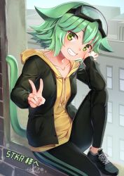 Rule 34 | 1girl, cat tail, female focus, goggles, goggles on head, green eyes, green hair, grin, highres, hood, hoodie, looking at viewer, mitake eil, original, shoes, short hair, sitting, smile, solo, tail, v