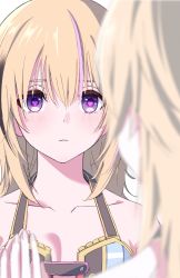 Rule 34 | 1girl, absurdres, black hair, blonde hair, blurry, blurry foreground, blush, collarbone, commentary, dress, expressionless, hair between eyes, hair down, halterneck, heart, heart-shaped pupils, highres, hololive, long hair, multicolored clothes, multicolored dress, multicolored hair, omaru polka, omaru polka (1st costume), parted lips, pink hair, portrait, purple eyes, reflection, saitama (antitankromeo), simple background, solo, streaked hair, symbol-shaped pupils, virtual youtuber, white background