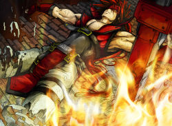 Rule 34 | 1boy, belt, belt buckle, brick, brick floor, brown hair, buckle, fingerless gloves, fire, gloves, guilty gear, headgear, long hair, lying, male focus, muscular, orange eyes, parted lips, red gloves, skin tight, sol badguy, solo, spiked hair, torn clothes, weapon, zelitto
