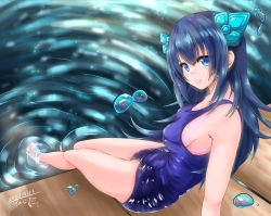 Rule 34 | 1girl, 2016, arashiyama kenji, arm at side, arm support, artist name, bare shoulders, blue eyes, blue hair, blue one-piece swimsuit, breasts, closed mouth, collarbone, dated, hair between eyes, hair ornament, highres, legs, long hair, looking at viewer, medium breasts, old school swimsuit, one-piece swimsuit, original, ripples, school swimsuit, sideboob, signature, sitting, sleeveless, smile, soaking feet, solo, swimsuit, wading, water, water drop