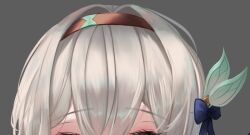 Rule 34 | 1girl, blue ribbon, brown hairband, commentary, commission, english commentary, firefly (honkai: star rail), grey background, grey hair, hair focus, hair intakes, hair ribbon, hairband, honkai: star rail, honkai (series), kayjae, out of frame, ribbon, simple background, solo