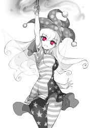 Rule 34 | 1girl, american flag dress, american flag legwear, arm up, breasts, clownpiece, dress, fairy wings, fire, greyscale, hat, highres, jester cap, long hair, looking at viewer, monochrome, neck ruff, pantyhose, pointy ears, polka dot, raptor7, red eyes, short dress, short sleeves, solo, spot color, standing, striped clothes, striped dress, striped pantyhose, thigh gap, torch, touhou, wings