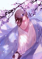 Rule 34 | 1boy, blue jacket, brown hair, cherry blossoms, dappled sunlight, closed eyes, facing to the side, falling petals, fate/grand order, fate (series), hair over one eye, haori, jacket, japanese clothes, kibadori rue, kimono, male focus, parted lips, petals, shinsengumi, short hair, solo, sunlight, twitter username, upper body, white kimono, yamanami keisuke (fate)