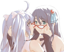 Rule 34 | 2girls, ahoge, assault lily, bare shoulders, black hair, black ribbon, blue eyes, bow, center frills, collared shirt, commentary request, detached sleeves, dress shirt, frills, gakuma, glasses, hair bow, hair ornament, hand in another&#039;s hair, holding another&#039;s glasses, hug, long hair, mashima moyu, miriam hildegard von gropius, multiple girls, neck ribbon, red-framed eyewear, ribbon, school uniform, shirt, silver hair, sleeveless, sleeveless shirt, sleeves past wrists, twintails, upper body, white background, white bow, white shirt, yuri, yurigaoka girls academy school uniform