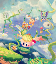 Rule 34 | absurdres, bandana, bat wings, character request, cloud, cloudy sky, coat, copy ability, creature, day, facepaint, feathers, floating, floating island, flower, flying, grass, highres, king dedede, kirby, kirby (series), leaf, looking to the side, mask, meta knight, nintendo, open mouth, plant, polearm, shoulder pads, sky, spear, suyasuyabi, sword, vines, waddle dee, weapon, wing kirby, wings