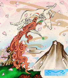 Rule 34 | amaterasu (ookami), cherry blossoms, fire, issun, meteon, mountain, no humans, ookami (game), petals, tail, wolf