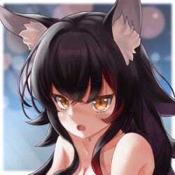 Rule 34 | 1girl, :o, animal ear fluff, animal ears, bare shoulders, black hair, blurry, blurry background, blush, border, breasts, cleavage, collarbone, crossed bangs, eyelashes, flipped hair, hair between eyes, hololive, kitsuneneko, long hair, looking at viewer, medium breasts, multicolored hair, ookami mio, open mouth, out of frame, outside border, portrait, sidelocks, solo, streaked hair, teeth, tsurime, upper teeth only, v-shaped eyebrows, virtual youtuber, wolf ears, wolf girl, yellow eyes
