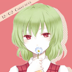 Rule 34 | 1girl, bad id, bad pixiv id, blush, dated, flower, green hair, kazami yuuka, looking at viewer, polka dot, polka dot background, red eyes, short hair, simple background, smile, solo, sui (camellia), touhou, upper body