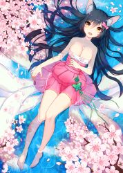 Rule 34 | 1girl, :d, ahri (league of legends), animal ears, bad id, bad pixiv id, bare legs, barefoot, black hair, bow, breasts, bug, butterfly, cherry blossoms, cleavage, dress, dutch angle, dynasty ahri, facial mark, fang, feet, floral print, flower, fox ears, fox tail, from above, hair between eyes, hair bow, hair spread out, hand on own stomach, happy, highres, insect, korean clothes, large breasts, league of legends, long hair, lying, lying on water, multiple tails, official alternate costume, on back, open mouth, partially submerged, petals, smile, solo, tail, very long hair, whisker markings, whitehee93, yellow eyes