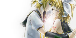 Rule 34 | 1boy, 1girl, blonde hair, blush, brother and sister, couple, detached sleeves, closed eyes, hair ribbon, hetero, imminent kiss, incest, kagamine len, kagamine rin, ribbon, siblings, tears, twincest, twins, vocaloid, xinya