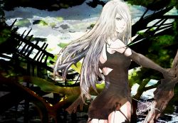 Rule 34 | 1girl, bare shoulders, black gloves, black shorts, black tank top, blue eyes, cowboy shot, elbow gloves, from side, gloves, greatsword, hair over one eye, holding, holding sword, holding weapon, long hair, looking at viewer, looking to the side, mole, mole under mouth, nier (series), nier:automata, ruka (blueplus84), shorts, signature, solo, sword, tank top, weapon, white hair, a2 (nier:automata)