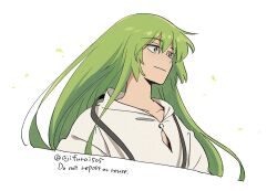 Rule 34 | 1other, androgynous, asaya minoru, blue eyes, closed mouth, collarbone, cropped torso, english text, enkidu (fate), fate/strange fake, fate (series), green hair, hair between eyes, looking away, robe, simple background, smile, solo, twitter username, upper body, white background, white robe