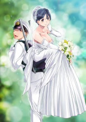 Rule 34 | 1boy, 1girl, admiral (kancolle), alternate costume, alternate hairstyle, bare shoulders, black hair, bouquet, breasts, bridal veil, bride, brown eyes, brown hair, cleavage, dress, elbow gloves, flower, gloves, hat, highres, holding, holding bouquet, kantai collection, kantori, large breasts, military, military uniform, naval uniform, parted lips, peaked cap, short hair, sitting, smile, strapless, strapless dress, uniform, ushio (kancolle), veil, wedding dress, white dress, white flower, white gloves