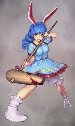 Rule 34 | 1girl, ambiguous red liquid, animal ears, artist name, bloomers, blue dress, blue hair, breasts, crescent, crescent print, dated, dress, earclip, envenomist (gengoroumaru), frilled dress, frilled sleeves, frills, full body, grey background, highres, holding, kine, large breasts, lips, long hair, looking at viewer, mallet, no shoes, puffy short sleeves, puffy sleeves, rabbit ears, red eyes, seiran (touhou), short dress, short sleeves, smile, socks, solo, stain, stance, star (symbol), star print, touhou, twintails, underwear