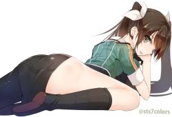 Rule 34 | 10s, 1girl, ass, black footwear, boots, brown eyes, brown hair, hair between eyes, hair ribbon, kantai collection, knee boots, long hair, looking back, name connection, no panties, open mouth, pelvic curtain, ribbon, side slit, simple background, single thighhigh, skirt, smile, sts, text focus, thighhighs, tone (kancolle), tongue, twintails, twitter username, white background