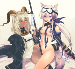 Rule 34 | 2girls, animal ear fluff, animal ears, arknights, beeswax (arknights), black collar, black jacket, blush, breasts, brown hair, cardigan (arknights), collar, commission, dark-skinned female, dark skin, dog ears, dog girl, dog tail, dress, gloves, goat ears, goat girl, goat horns, goggles, goggles on head, highres, holding, holding staff, horns, id card, infection monitor (arknights), jacket, lololotton, long hair, medium breasts, multicolored hair, multiple girls, naked jacket, neckerchief, no panties, off shoulder, open clothes, open jacket, purple eyes, purple hair, purple neckerchief, skeb commission, small breasts, staff, streaked hair, tail, tribadism, white dress, white gloves, yellow eyes, yuri