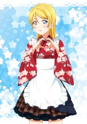 Rule 34 | 1girl, :o, alternate hairstyle, apron, ayase eli, blonde hair, blue background, blue eyes, blush, cowboy shot, floral print, frilled apron, frills, hair down, heart, heart hands, japanese clothes, kazuma (theworld000021), kimono, legs apart, long hair, long sleeves, love live!, love live! school idol festival, love live! school idol project, parted lips, print kimono, raised eyebrows, red kimono, solo, standing, star (symbol), starry background, swept bangs, tareme, white apron, wide sleeves