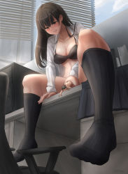 Rule 34 | 1boy, 1girl, absurdres, blush, bottomless, bra, breasts, cleavage, giant, giantess, highres, implied sex, kuroihassan, open clothes, shirt, smile, underwear, white shirt