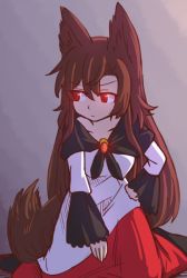 Rule 34 | 1girl, animal ears, breasts, brown hair, collarbone, commentary, dress, grey background, hair between eyes, hand on own hip, imaizumi kagerou, kneeling, long hair, long sleeves, looking to the side, medium breasts, one-hour drawing challenge, red eyes, solo, tail, touhou, very long hair, white dress, wolf ears, wolf tail, wool (miwol)