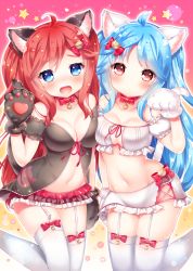 Rule 34 | 2girls, :d, :o, ahoge, animal ears, animal hands, babydoll, bell, blue eyes, blue hair, blush, bow, bow legwear, breasts, cat ears, cat hair ornament, cat paws, cat tail, choker, cleavage, frilled skirt, frills, front-tie top, garter straps, hair bow, hair ornament, highres, lens flare, looking at viewer, miniskirt, multiple girls, natsume asato, navel, neck bell, open mouth, original, red eyes, red hair, skirt, smile, sparkle, star (symbol), strapless, tail, thighhighs, tube top, white legwear