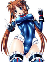 Rule 34 | 1girl, :d, bare shoulders, blue one-piece swimsuit, blush, breasts, clenched hand, cosplay, covered navel, cowboy shot, dead or alive, dead or alive 5, elbow gloves, gloves, groin, hair ribbon, highres, index finger raised, leotard, long hair, looking at viewer, lyrical nanoha, mahou shoujo lyrical nanoha, marie rose, marie rose (cosplay), one-piece swimsuit, open mouth, orange hair, pointing, purple eyes, red hair, ribbon, sen (sansui), smile, solo, swimsuit, takamachi nanoha, thighhighs, thighs, twintails, very long hair, white background