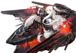 Rule 34 | 10s, 1girl, abyssal ship, aircraft carrier oni, armor, armored boots, bare shoulders, black dress, boots, dress, gauntlets, glowing, glowing eyes, kantai collection, long hair, looking at viewer, machinery, one side up, orange eyes, pale skin, pump (pumpqmuq), red eyes, sailor collar, sailor dress, short dress, side ponytail, sitting, solo, thigh boots, thighhighs, very long hair, white background, white hair, zettai ryouiki