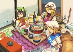 Rule 34 | 3girls, :3, absurdres, alcohol, animal ears, beer, beer can, blonde hair, blouse, blush, bottle, bowl, breasts, brown hair, can, carrot, cat ears, cat tail, chanta (ayatakaoisii), chen, chopsticks, closed mouth, cooking, cup, drink can, earrings, electric plug, electrical outlet, fish, food, food request, fox ears, fox tail, from above, futon, green hat, hat, highres, holding, jewelry, large breasts, long hair, long sleeves, meatball, mob cap, mug, multiple girls, multiple tails, mushroom, nekomata, newspaper, noodles, party popper, plate, power strip, red eyes, red vest, rice, rice cooker, rice paddy, ruler, sanpaku, shirt, short hair, sitting, slit pupils, smile, strong zero, tabard, tail, television, tissue, tissue box, touhou, two tails, udon, vest, white hat, white shirt, yakumo ran, yakumo yukari