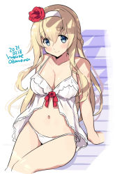Rule 34 | 1girl, babydoll, bare arms, bare legs, bare shoulders, blonde hair, blue eyes, blush, braid, breasts, cleavage, commentary request, dated, flower, hairband, halterneck, kantai collection, lingerie, long hair, looking at viewer, navel, odawara hakone, one-hour drawing challenge, panties, red flower, red rose, rose, see-through, simple background, sitting, smile, solo, string panties, twitter username, underwear, underwear only, warspite (kancolle), white babydoll, white background, white panties