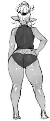 Rule 34 | 1girl, ass, bad id, bad tumblr id, bare arms, bare shoulders, barefoot, black panties, butt crack, curvy, dark-skinned female, dark skin, elf, elf-san wa yaserarenai., from behind, greyscale, hand on own hip, highres, hip focus, huge ass, kneepits, kuroeda-san, legs, monochrome, panties, pointy ears, short hair, simple background, sketch, skindentation, solo, standing, synecdoche, thick thighs, thighs, underwear, white background, wide hips