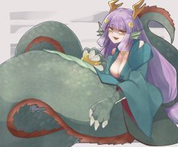 Rule 34 | 1girl, animal ears, animal hands, ball, bare shoulders, blunt bangs, blush, body jewelry, breasts, claws, cleavage, commentary request, dragon, dragon ears, dragon girl, dragon horns, dragon wings, eastern dragon, fins, from behind, fur, gem, head fins, holding, holding ball, horns, japanese clothes, jewelry, long hair, looking at viewer, magatama, medium breasts, monster girl, monster girl encyclopedia, open mouth, purple hair, ryuu (monster girl encyclopedia), scales, smile, solo, tail, wide sleeves, wings, yellow eyes, yonaga san