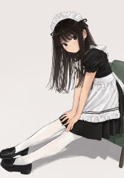 Rule 34 | 1girl, akipeko, apron, bad id, bad twitter id, black hair, blunt bangs, blush, brown eyes, full body, hands on own knees, highres, long hair, looking at viewer, maid, maid apron, maid headdress, on chair, original, pantyhose, parted lips, shadow, shoes, short sleeves, simple background, sitting, solo, white pantyhose